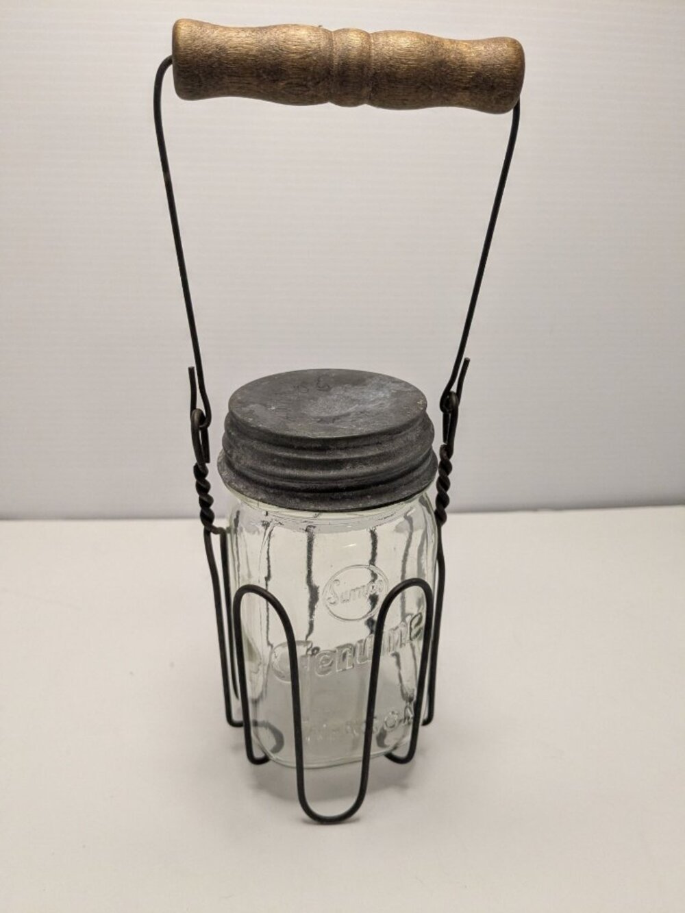 Vtg. Samco Genuine Mason Jar Steel Holder Wooden Handle Zinc Lid Moonshine Caddy